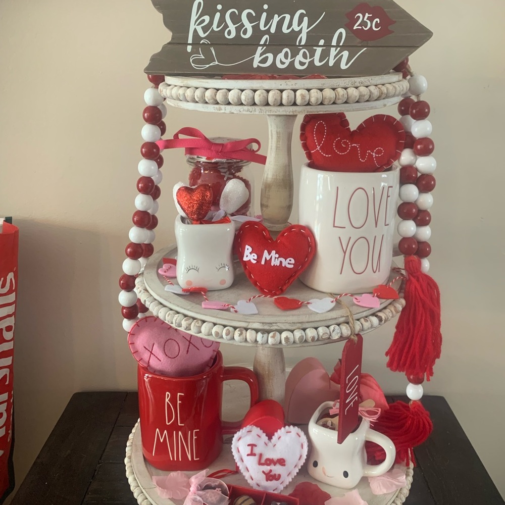 Rae Dunn Valentine’s Day inspired tier tray set with rae dunn mugs
